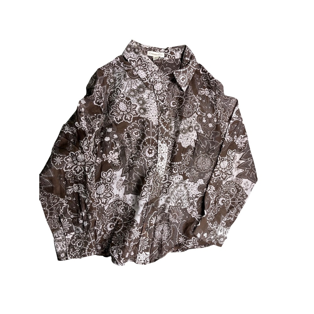 Coldwater Creek Large Cotton Silk Sheer Paisley Floral Boho Button Up Blouse